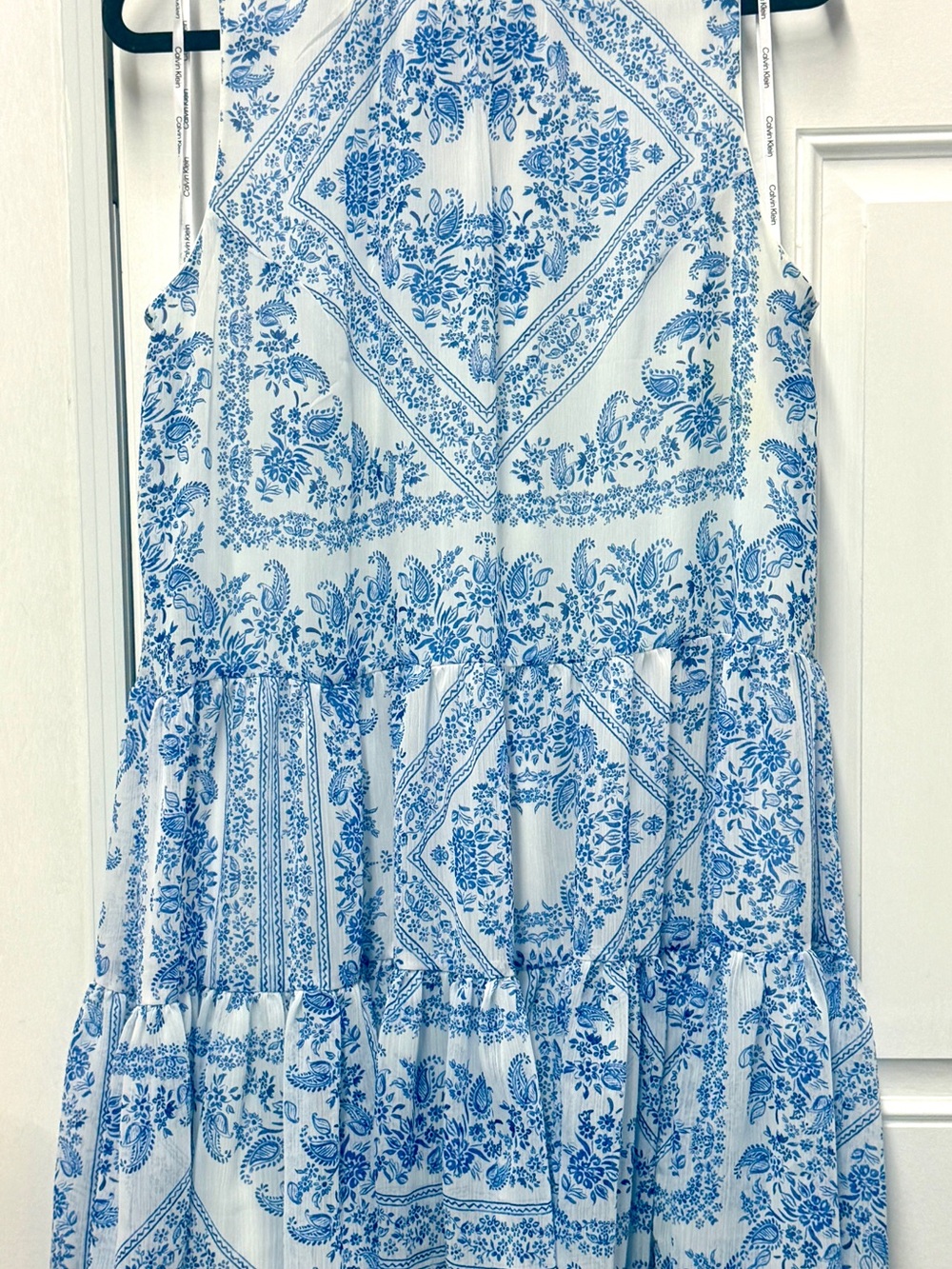 Calvin Klein White Sundress with Blue Floral/Paisley Print. Worn once